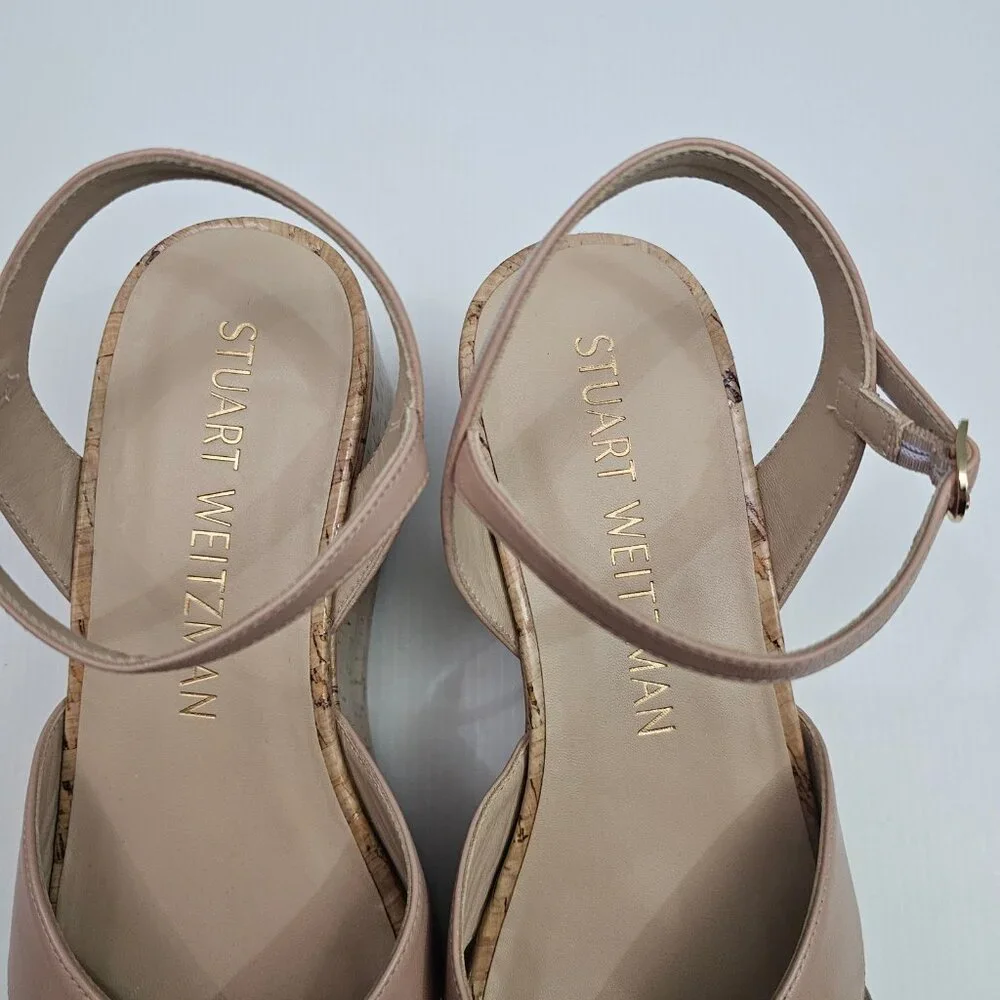 Stuart Weitzman Carmen Midi Wedge Sandal Womens 9.5 Beige Tan Platform Cork